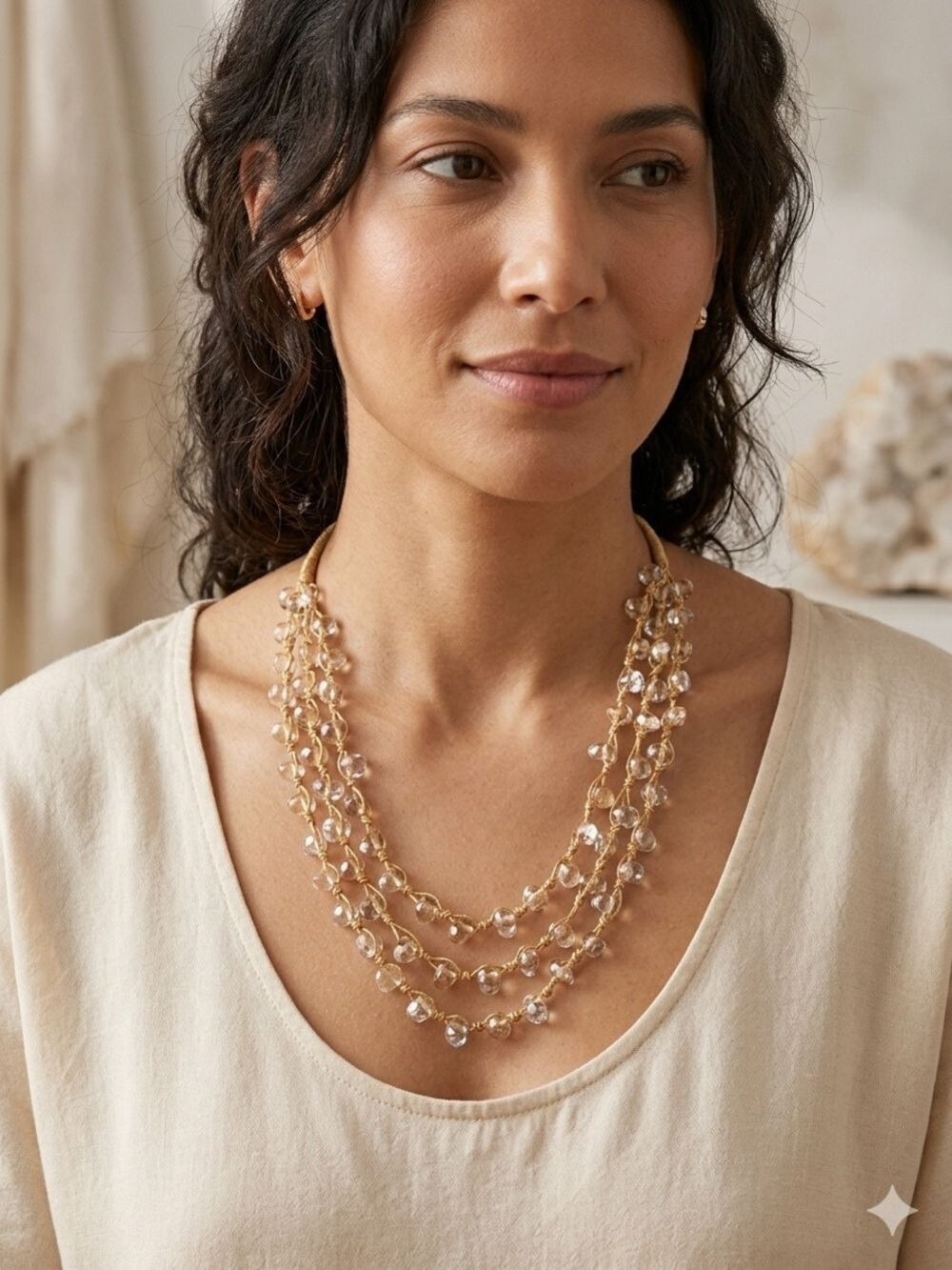 Vintage 90’s Boho Multi-Layer Tan Cord Clear Quartz Crystal Toggle Necklace